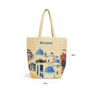 Τσάντα Θαλάσσης Ψάθινη με Σχέδιο Ελληνικού Νησιού – Straw Beach Bag Greek Island Print