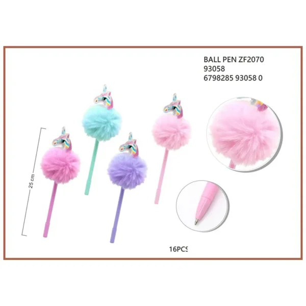 στυλό διαρκείας (Ball Pen) με σχέδιο μονόκερο και χνουδωτό πομ-πον - 93058